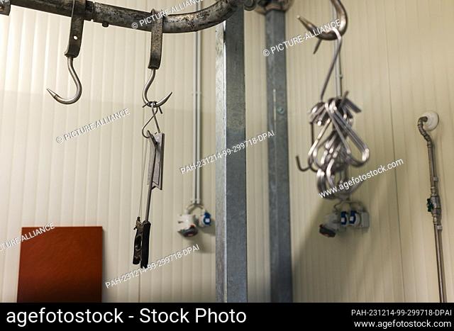 PRODUCTION - 29 November 2023, Baden-Württemberg, Offenburg: Cutting tools hang in a cutting room at the Offenburg forestry administration