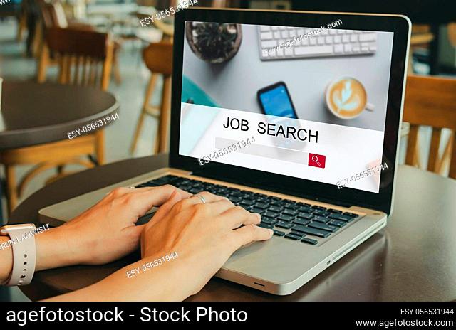 Women searching for a job using a computer app.Looking for new vacancies on the web page of the laptop screen