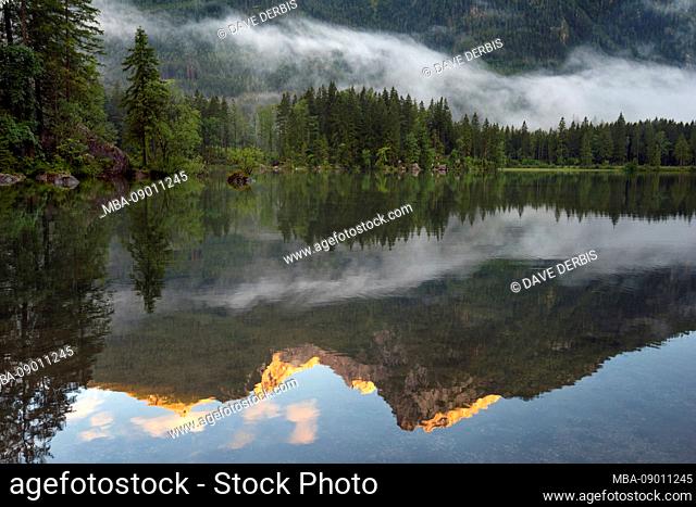 Summer, mountains, lake, Alps, Hochkalter, Hintersee, fog, Bavaria, Germany, Europe