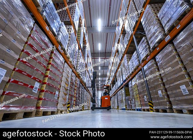 PRODUCTION - 21 November 2023, Mecklenburg-Western Pomerania, Rostock: A forklift driver transports pallets with stored goods to the storage locations in the...