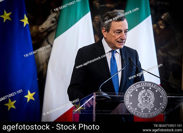 Italian Prime Minister Mario Draghi atttends a press conference at the end of the meeting with German Chancellor Angela Merkel in Chigi Palace in Rome
