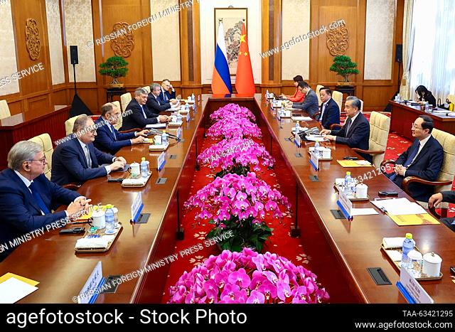 CHINA, BEIJING - OCTOBER 16, 2023: Russia's Minister of Foreign Affairs Sergei Lavrov (3rd L) and China's Minister of Foreign Affairs Wang Yi (2nd R) are seen...