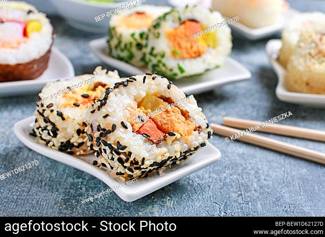 Sushi set on grey stone background. Healthy food