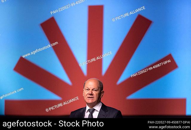 27 May 2022, Baden-Wuerttemberg, Stuttgart: German Chancellor Olaf Scholz (SPD) takes part in a panel discussion in the Liederhalle at the Katholikentag in...