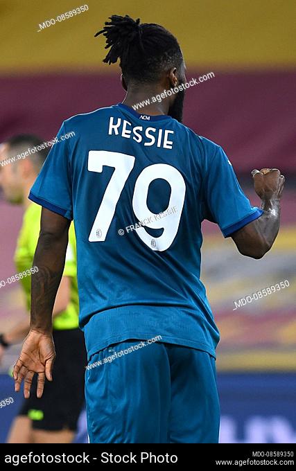 Milan footballer Franck Kessie celebrating after score the goal during the match Roma-Milan in the Olympic stadium. Rome (Italy), February 28th, 2021