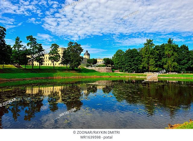 The pond and palace in Gatchina garden