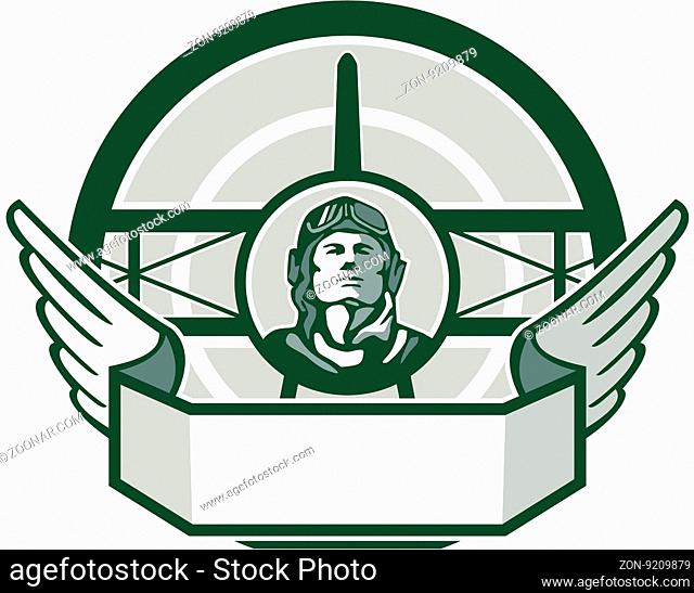 Illustration of a vintage world war one pilot airman aviator bust with spad biplane fighter plane front in background set inside circle done in retro style