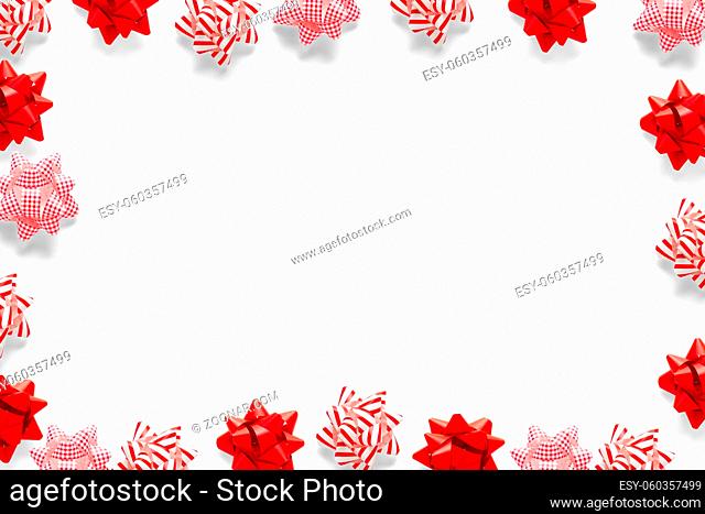 Christmas composition. Christmas gift, knitted blanket, pine cones, fir branches on white background. Flat lay, copy space