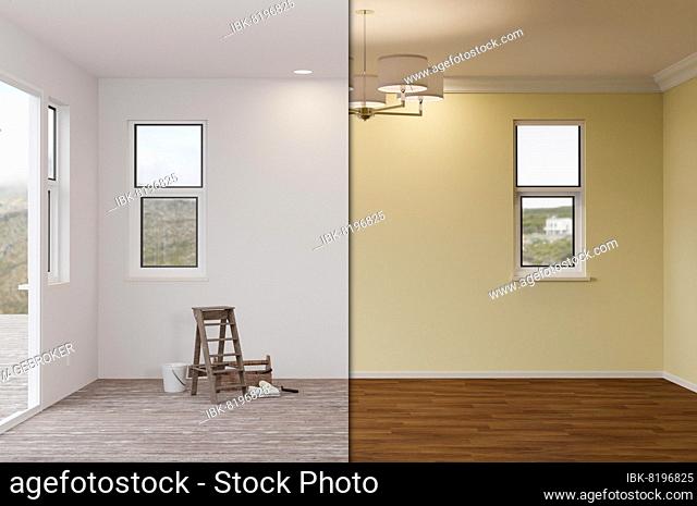 Unfinished raw and newly remodeled room of house before and after with wood floors, moulding, light yellow paint and ceiling lights