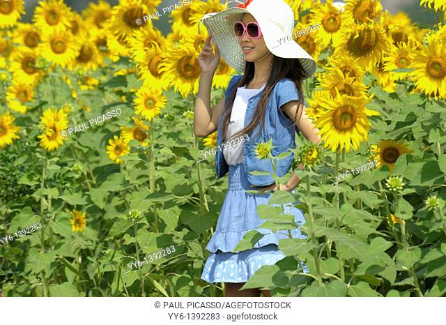 girl with hat , sunflower fields of lopburi , central Thailand
