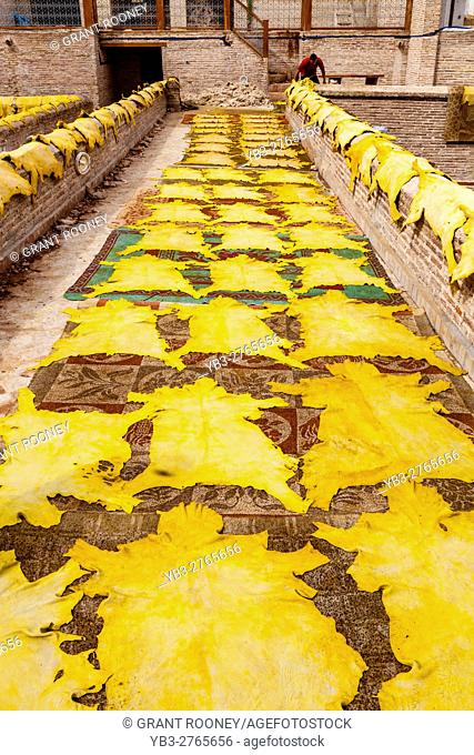 Dyed Animal Hides Drying In The Sun At A Small Tannery In The Medina, Fez el Bali, Fez, Morocco