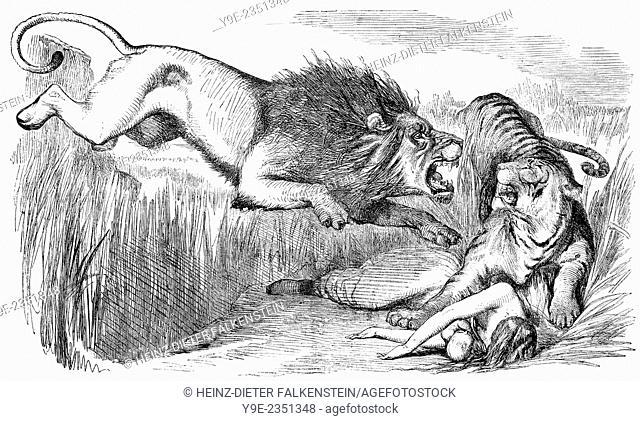 1857 Punch cartoon „The British Lion's Vengeance on the Bengal Tiger“ commenting The Siege of Cawnpore or Kanpur, caricature by Sir John Tenniel,
