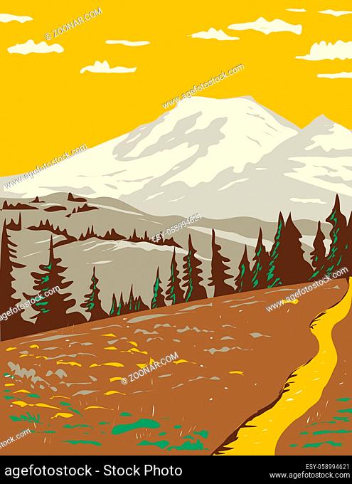 WPA Poster Art of Mount Rainier viewed from Cowlitz Divide along the Wonderland Trail located in Mount Rainier National Park in Washington State done in works...