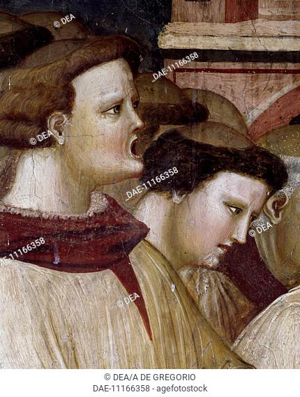 Monks entering the monastery, detail from the Miraculous resurrection of Filippa Barraca, scene from the Stories of St Nicholas of Tolentino, 1320-1325