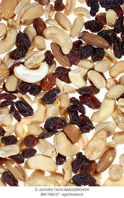 Trail mix, mixed nuts and dried fruit, raisins, almonds