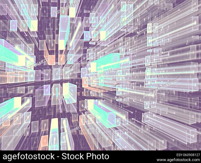 Abstract pale tech background - computer-generated image. Fractal art: grid of glass rectangles with perspective and reflection