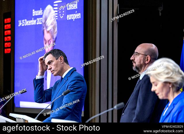 Prime Minister of Spain Pedro Sanchez, European Council President Charles Michel and European Commission President Ursula Von der Leyen pictured during a press...