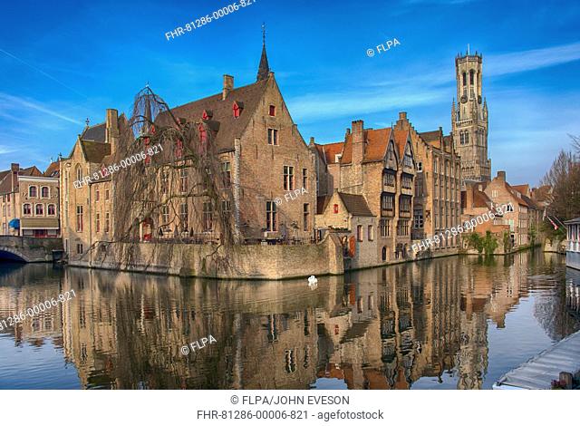 Medieval buildings beside canal, Rozenhoedkaai, Bruges, West Flanders, Flemish Region, Belgium, March