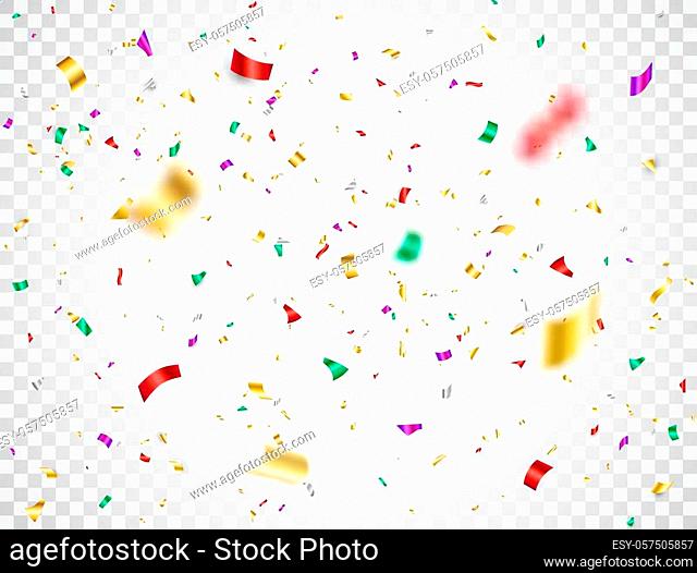 Colorful confetti falling on transparent background. Shiny festive confetti and tinsel. Bright party backdrop. Holiday design elements for web banner, poster