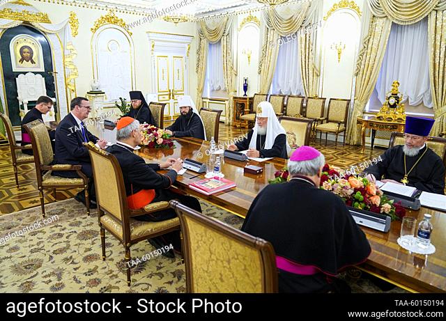 RUSSIA, MOSCOW - JUNE 29, 2023: Patriarch Kirill of Moscow and all Russia (2nd R back row) and the Pope's envoy, Cardinal Matteo Maria Zuppi
