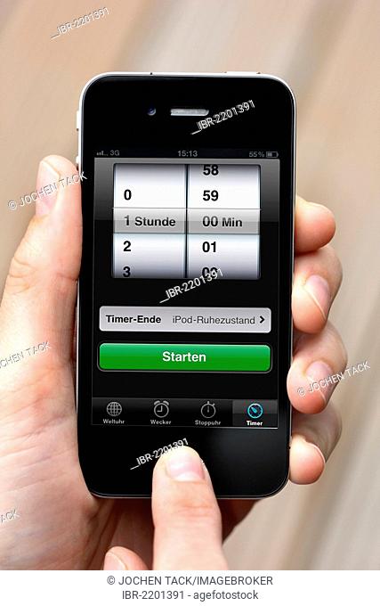 Iphone, smart phone, app on the screen, timer, alarm clock, stopwatch