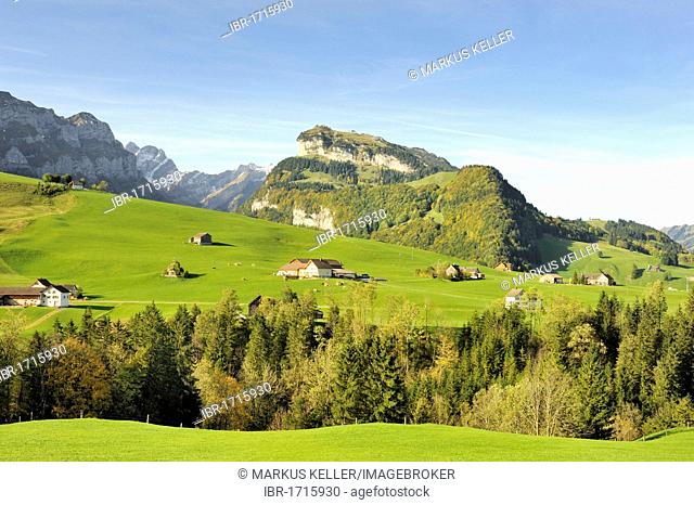 Views over the Alps at Bruelisau on the Ebenalp, in the back the Appenzell Alps, Canton Appenzell Inner-Rhodes, Switzerland, Europe