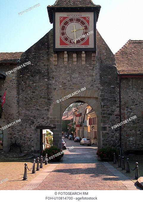 Switzerland, Europe, Vaud, St. Prex, La Cote, village, gate, clock tower