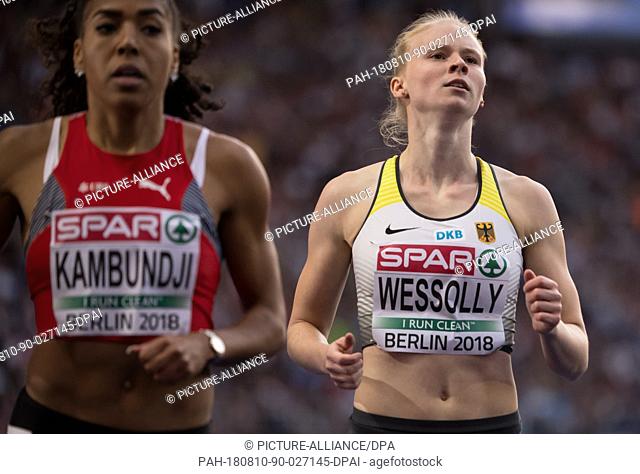 10 August 2018, Germany, Berlin: Athletics, European Championships in the Olympic Stadium, 200m semi-final, women: Mujinga Kambundji from Switzerland and...