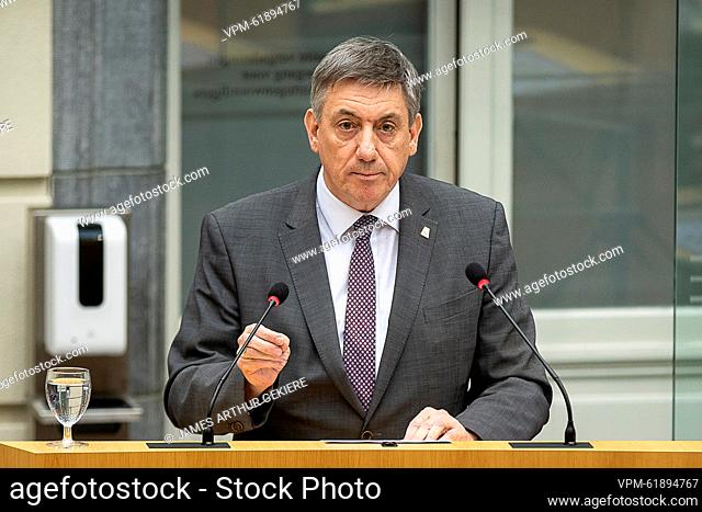 Flemish Minister President Jan Jambon pictured during a plenary session of Flemish parliament with a debate on the 'Stikstofdossier' in Brussels on Tuesday 07...