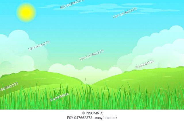 Vector nature background. Summer landscape. Vector scene with hills,  clouds, grass, sun, Stock Vector, Vector And Low Budget Royalty Free Image.  Pic. ESY-047662373 | agefotostock