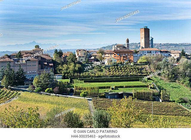 Italy, panorama of vineyards of Piedmont Langhe-Roero and Monferrato on the World Heritage List UNESCO. Landscape in autumn near Barbaresco