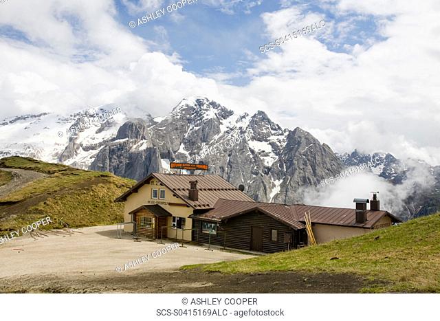 The Marmolada in the Italian Dolomites with a refuge