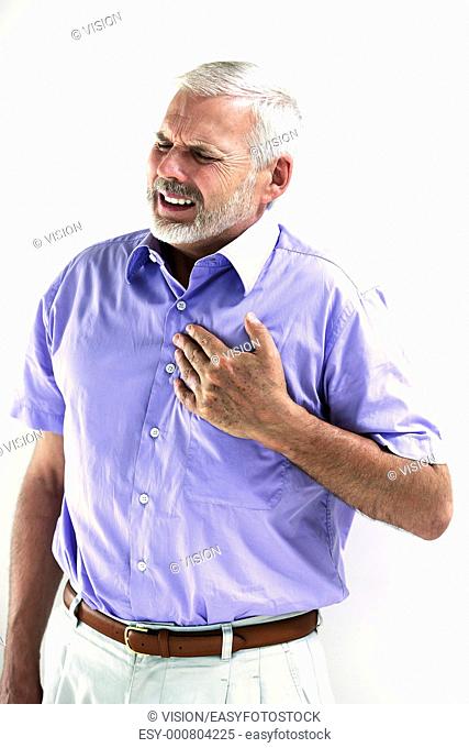 caucasian senior man portrait heart attack isolated studio on white background