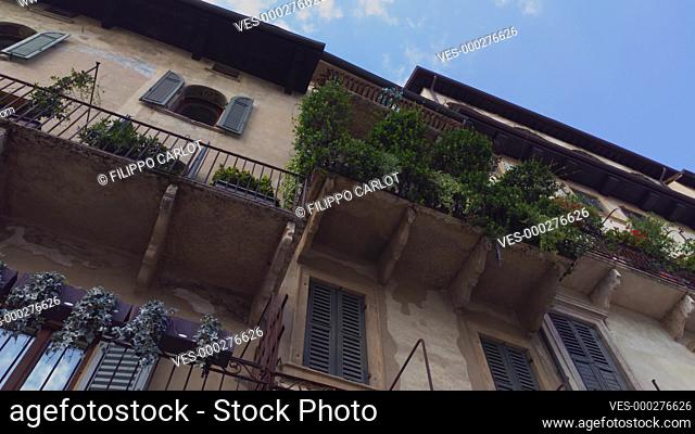 Architectural detail of historic buildings at Piazza delle Erbe in Verona in Italy
