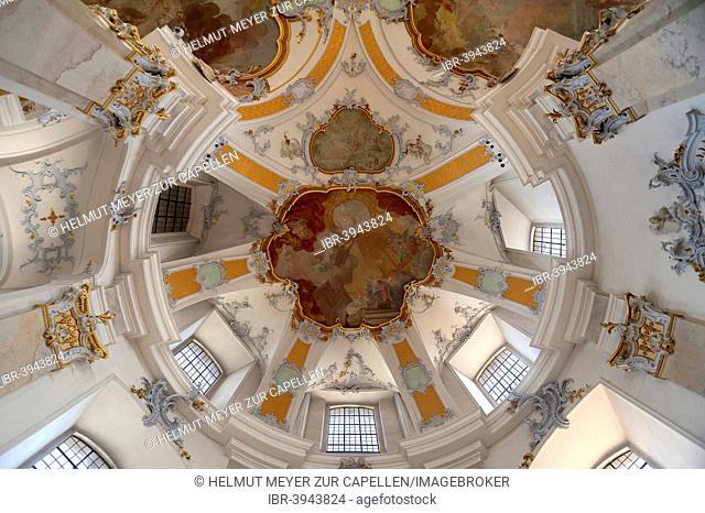 Vault of the north transept arm with ceiling frescoes, Basilica of the Fourteen Holy Helpers, 1743-1772, architect Balthasar Neumann, Bad Staffelstein