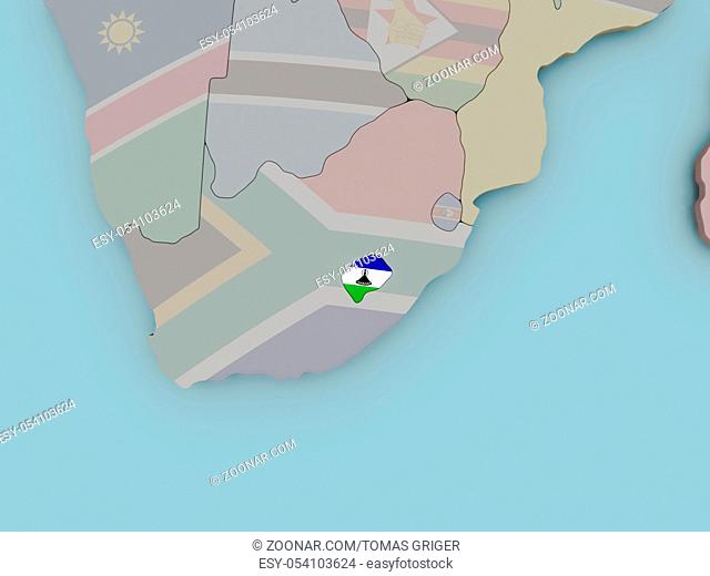 Lesotho with national flag on political globe. 3D illustration