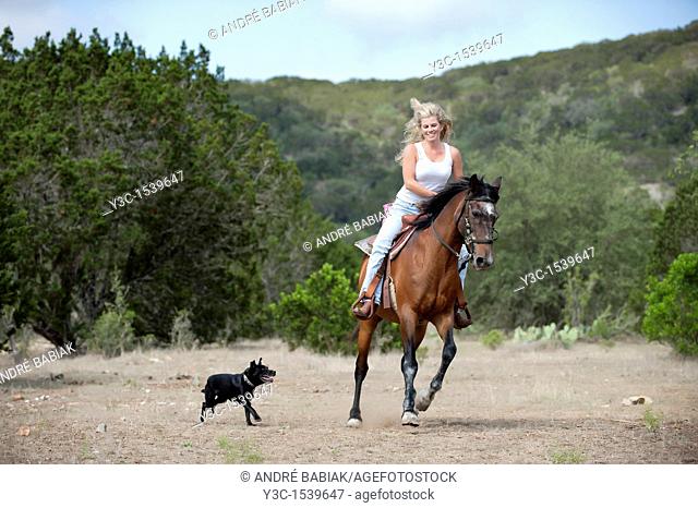 Cowgirl handling horse and riding on horseback