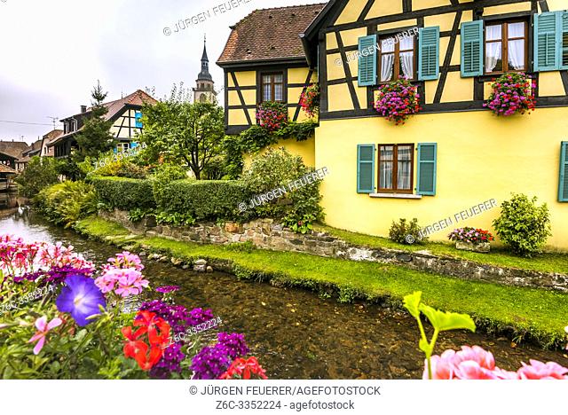 old village Andlau, Alsace Wine Route, France, half-timbered houses and flower decoration at the brook side
