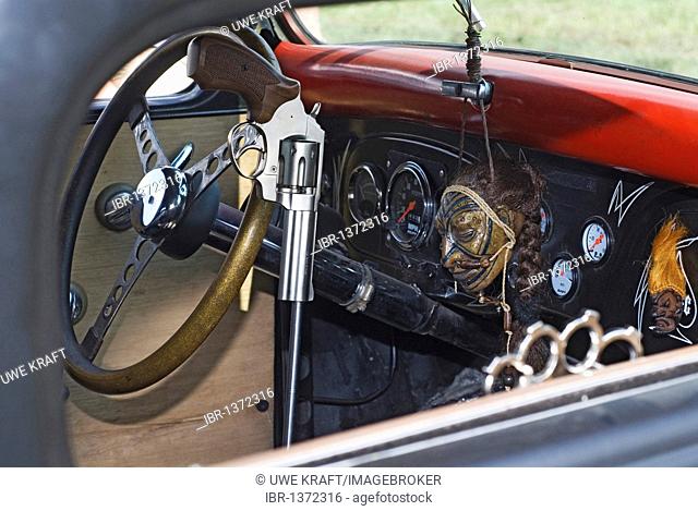 Extraordinarily decorated interior of a tuned car, Hot Rods, Kustoms, Cruisers & Art at the Bottrop Kustom Kulture 2007-Festival on the airfield in...