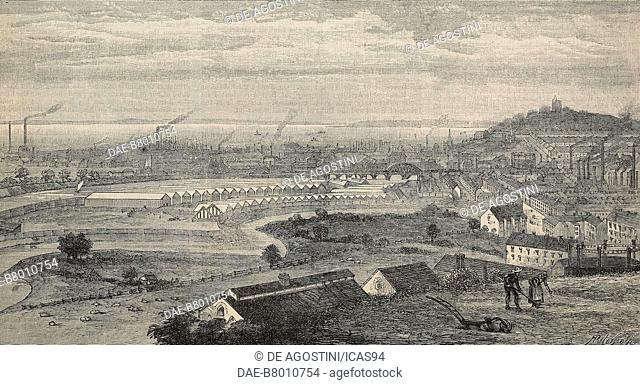View of Newport with show yard of the Royal Bath and West of England Society, United Kingdom, engraving from The Illustrated London News, No 2564, June 9, 1888