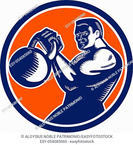 Woodcut illustration of a muscular bodybuilder lifting kettlebell viewed from side set inside circle shape done in retro style