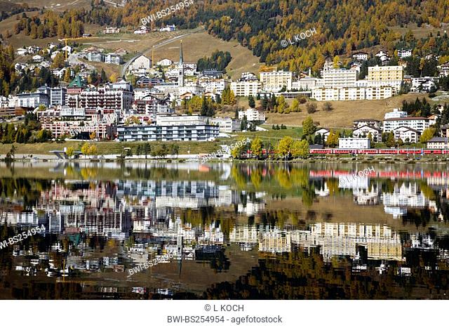 St. Moritz mirroring in Lake St. Moritz, Switzerland, Graubuenden, Engadine, St. Moritz