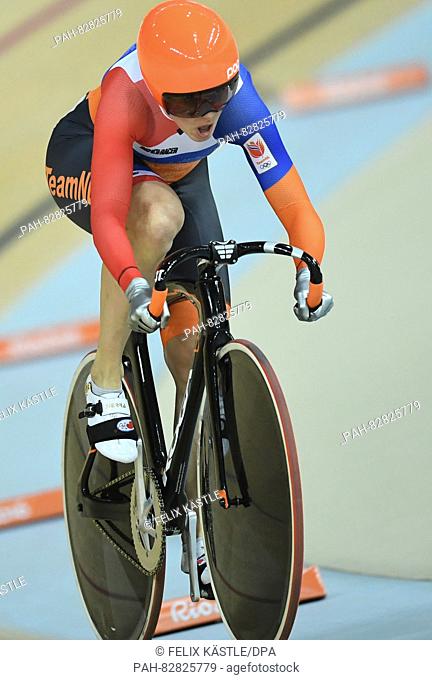 Tania Calvo Barbero of Spain in action during the Women's Sprint Qualifying of the Rio 2016 Olympic Games Track Cycling events at Velodrome in Rio de Janeiro