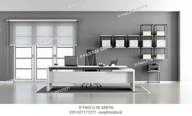 White and gray minimalist office with desk, bookcase and windows on background - 3d rendering