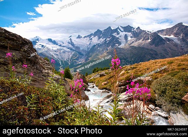 Beautiful mountain landscape with stream near Alps, Switzerland in the summer Swiss Europe