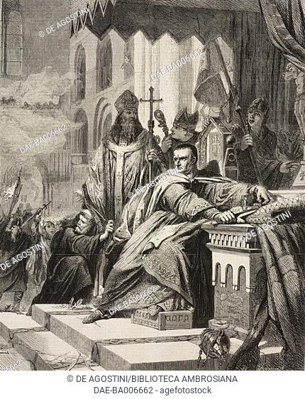 The coronation of William the Conqueror, by John Cross, illustration from the magazine The Illustrated London News, volume XXXVIII, June 16, 1861