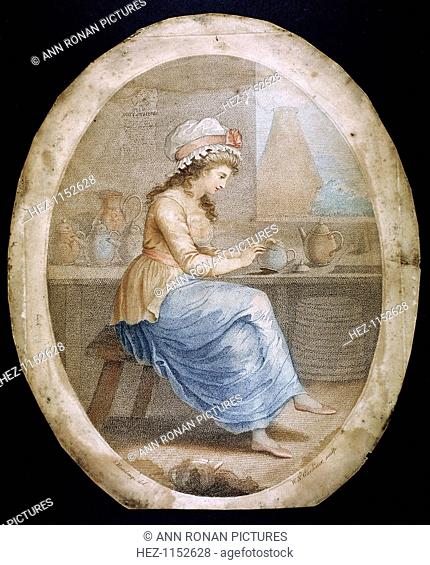 'The Staffordshire Girl', late 18th-early 19th century. A girl is decorating Staffordshire ware in a factory, with a pottery kiln in the background