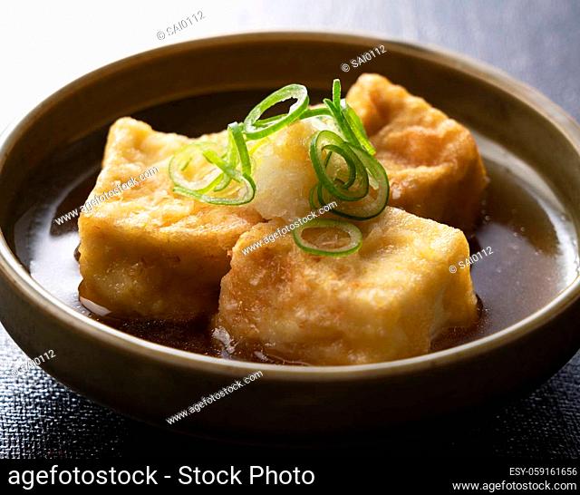 Deep-fried tofu on a Japanese tray. Food in Japan