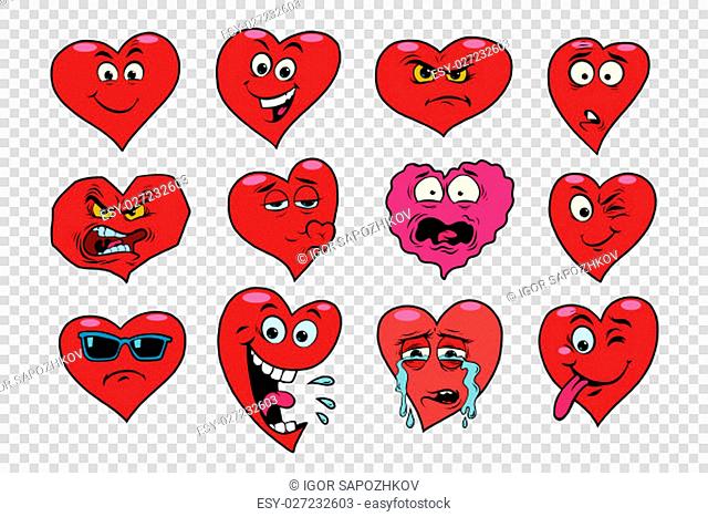 Red heart Valentine set of characters. Faces emoticons with various emotions. Transparent background. Holiday collection