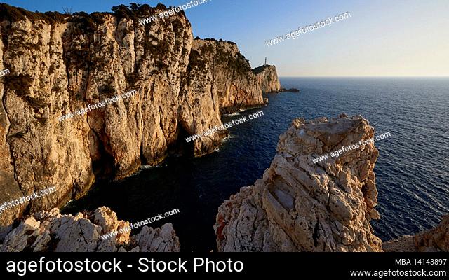 greece, greek islands, ionian islands, lefakada or lefkas, southern tip of the island, steep coast, cape lefkadas, afternoon light